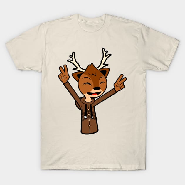 Happy Reindeer With Two Raised Peace Hand Signs T-Shirt by MOULE